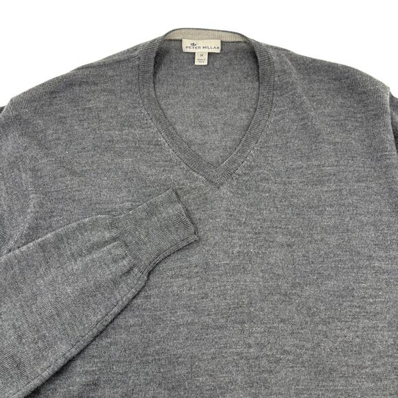Peter Millar Medium Gray Wool Silk Blend Long Sleeve V Neck Pullover Sweater - Picture 1 of 5